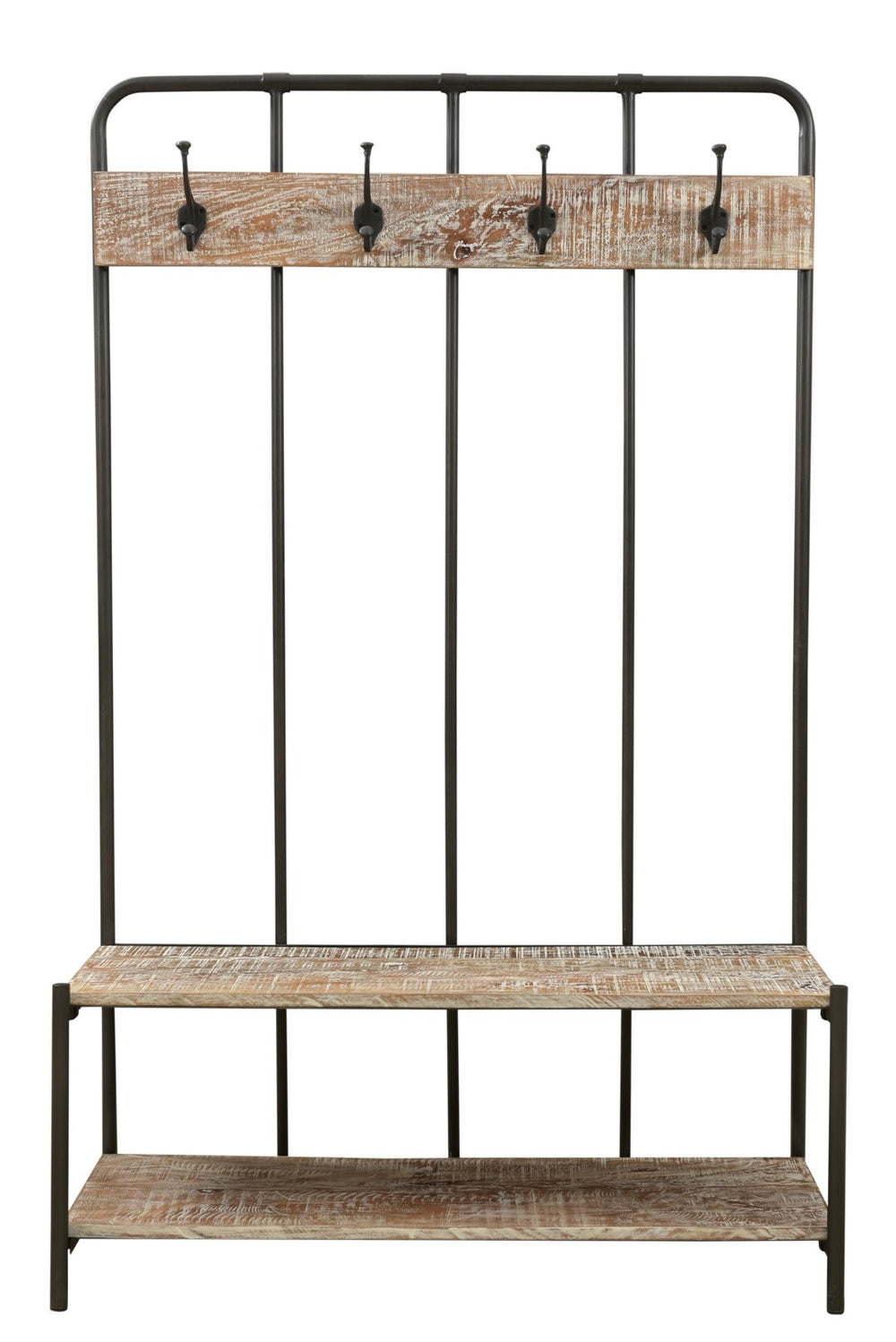 HomeRoots 71" Rustic Black Metal & Solid Wood Freestanding Coat Rack with Hooks, Bench & Shelves for Storage 522090
