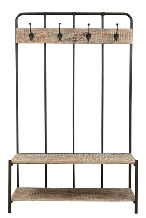 HomeRoots 71" Rustic Black Metal & Solid Wood Freestanding Coat Rack with Hooks, Bench & Shelves for Storage 522090