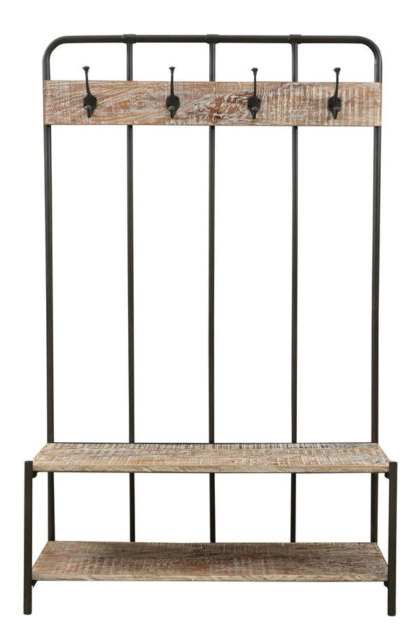 HomeRoots 71" Rustic Black Metal & Solid Wood Freestanding Coat Rack with Hooks, Bench & Shelves for Storage 522090