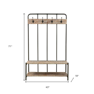 Homeroots 71" Freestanding Coat Rack With 4 Hooks, Bench, And Bottom Shelf - Rustic Chic Storage Solution   522090