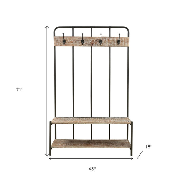 Homeroots 71" Freestanding Coat Rack With 4 Hooks, Bench, And Bottom Shelf - Rustic Chic Storage Solution   522090