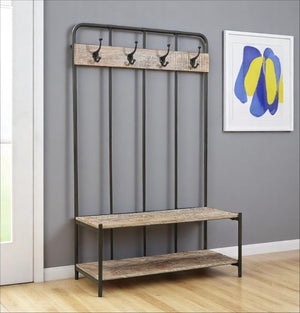 Homeroots 71" Freestanding Coat Rack With 4 Hooks, Bench, And Bottom Shelf - Rustic Chic Storage Solution   522090