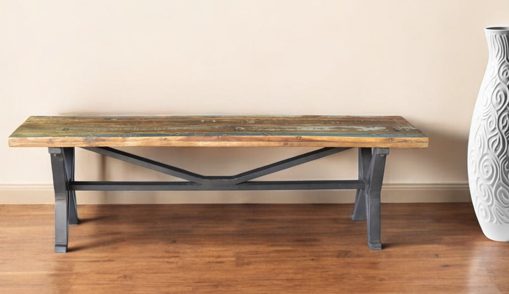 Homeroots 66" Brown And Black Distressed Reclaimed Wood Dining Bench  Solid Wood 522092