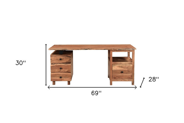 Homeroots 69" Brown Live Edge Solid Wood Writing Desk With Versatile Assembly And Ample Storage Drawers   522095