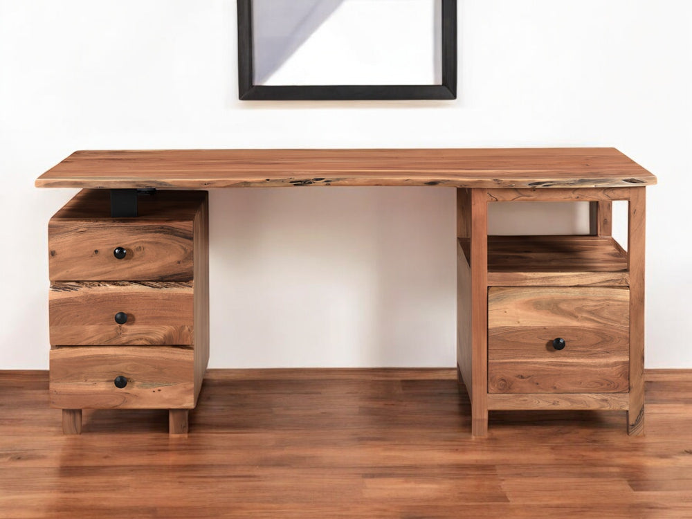 Homeroots 69" Brown Live Edge Solid Wood Writing Desk With Versatile Assembly And Ample Storage Drawers   522095