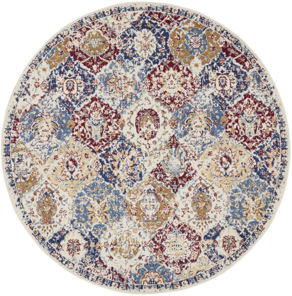 HomeRoots 8' Navy Blue Round Damask Area Rug - Elegant Design, Durable Power Loomed Construction for Any Space 8' Round Round 522099