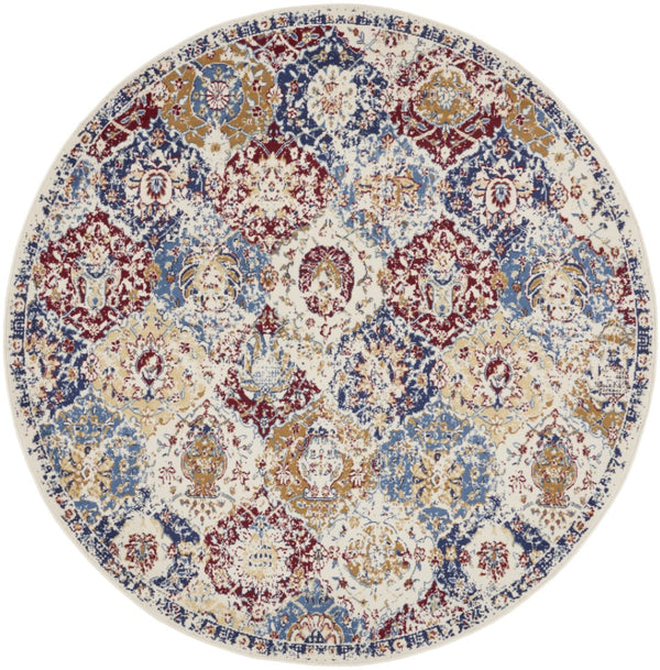 HomeRoots 8' Navy Blue Round Damask Area Rug - Elegant Design, Durable Power Loomed Construction for Any Space 8' Round Round 522099