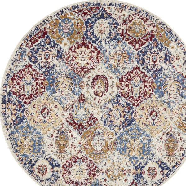 HomeRoots 8' Navy Blue Round Damask Area Rug - Elegant Design, Durable Power Loomed Construction for Any Space 8' Round Round 522099