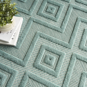 Homeroots 7' X 10' Aqua Geometric Flatweave Area Rug  Polypropylene 522105