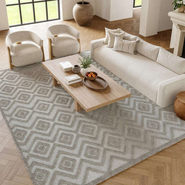 HomeRoots 9' Geometric Gray and Silver Indoor Outdoor Area Rug – Durable, Water-Resistant, Easy to Clean Design 522122