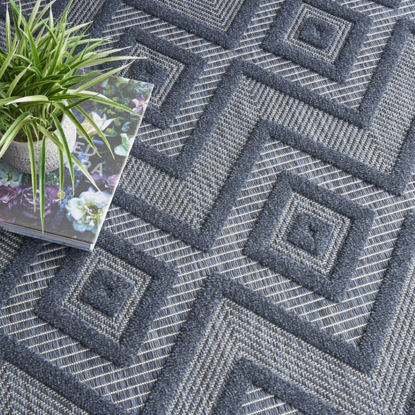 HomeRoots 9' X 12' Navy Blue Indoor Outdoor Area Rug - Stylish Geometric Design for Versatile Spaces, Easy Care 522125