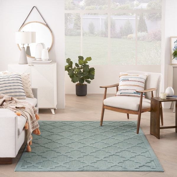 HomeRoots 8' Aqua Indoor Outdoor Area Rug – Vibrant Geometric Design for Stylish, Durable All-Weather Use 6' X 9' 522133