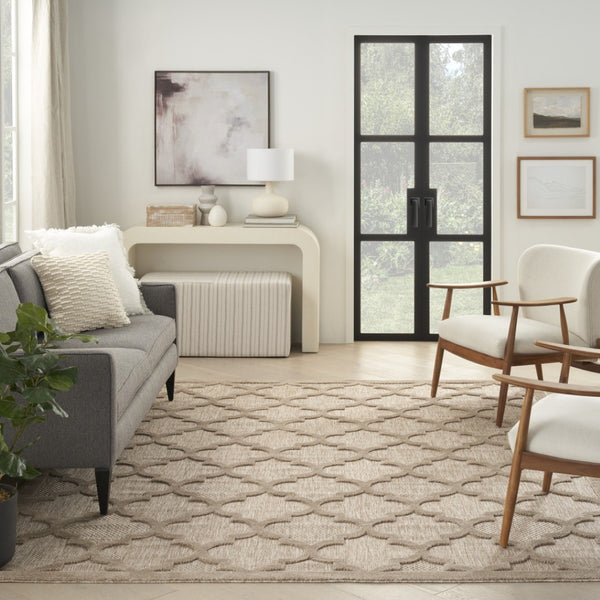 HomeRoots 9' X 12' Beige Indoor Outdoor Area Rug - Modern Geometric Design, Durable, Fade-Resistant, Versatile Use 522138