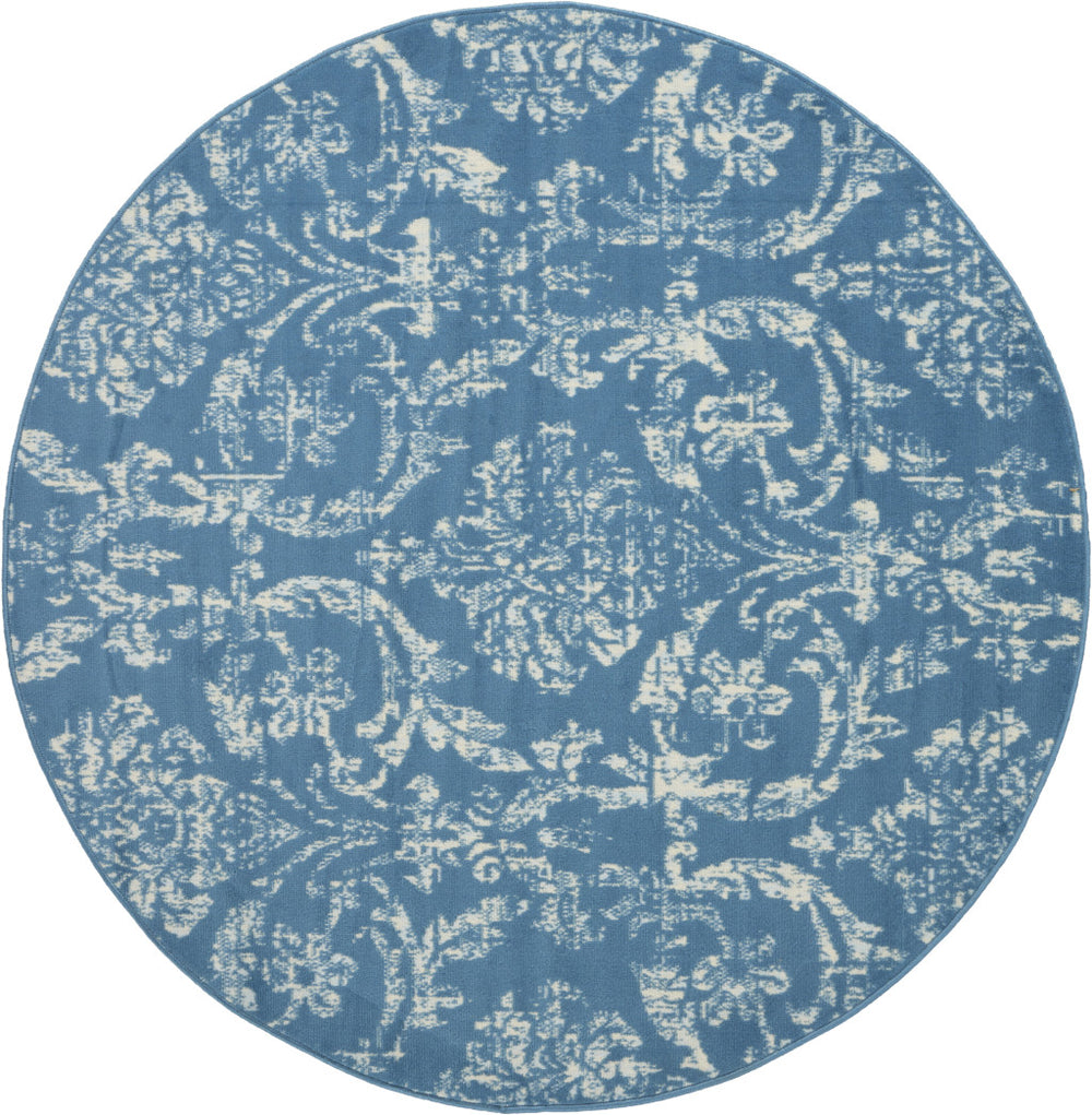 Homeroots 5' Blue Round Damask Power Loom Area Rug  Polypropylene 522168