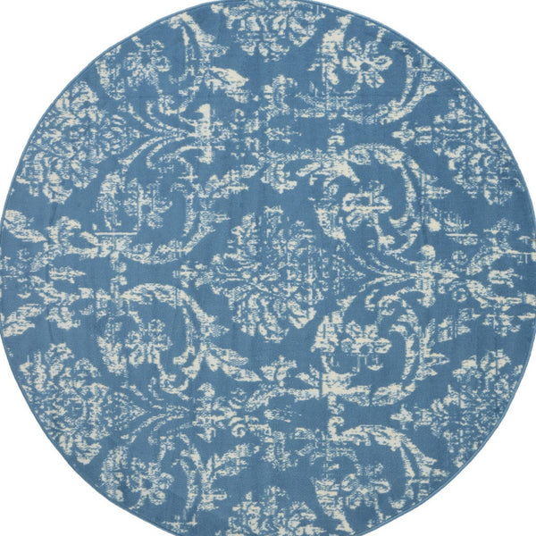 Homeroots 5' Blue Round Damask Power Loom Area Rug  Polypropylene 522168