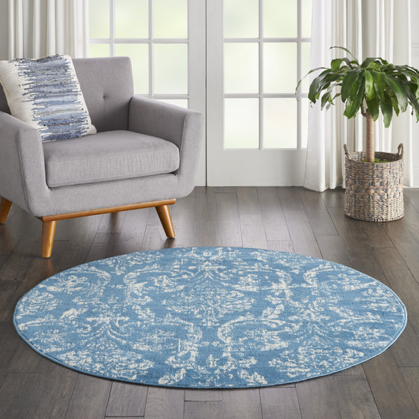 Homeroots 5' Blue Round Damask Power Loom Area Rug  Polypropylene 522168