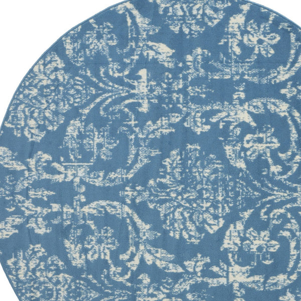 Homeroots 5' Blue Round Damask Power Loom Area Rug  Polypropylene 522168
