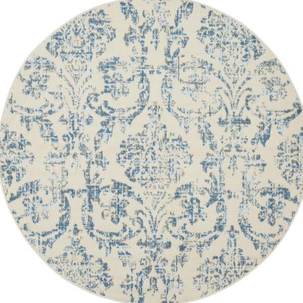 Homeroots 5' Cream Round Damask Power Loom Area Rug  Polypropylene 522175