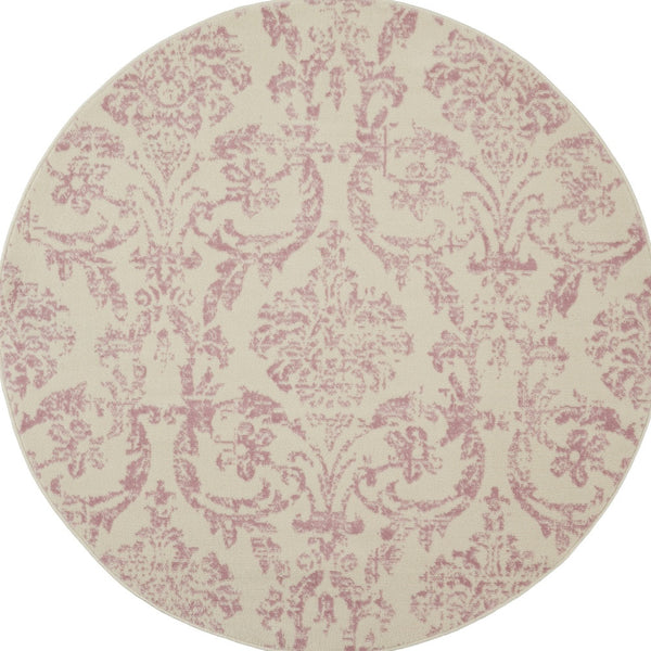 Homeroots 5' Cream Round Damask Power Loom Area Rug  Polypropylene 522181