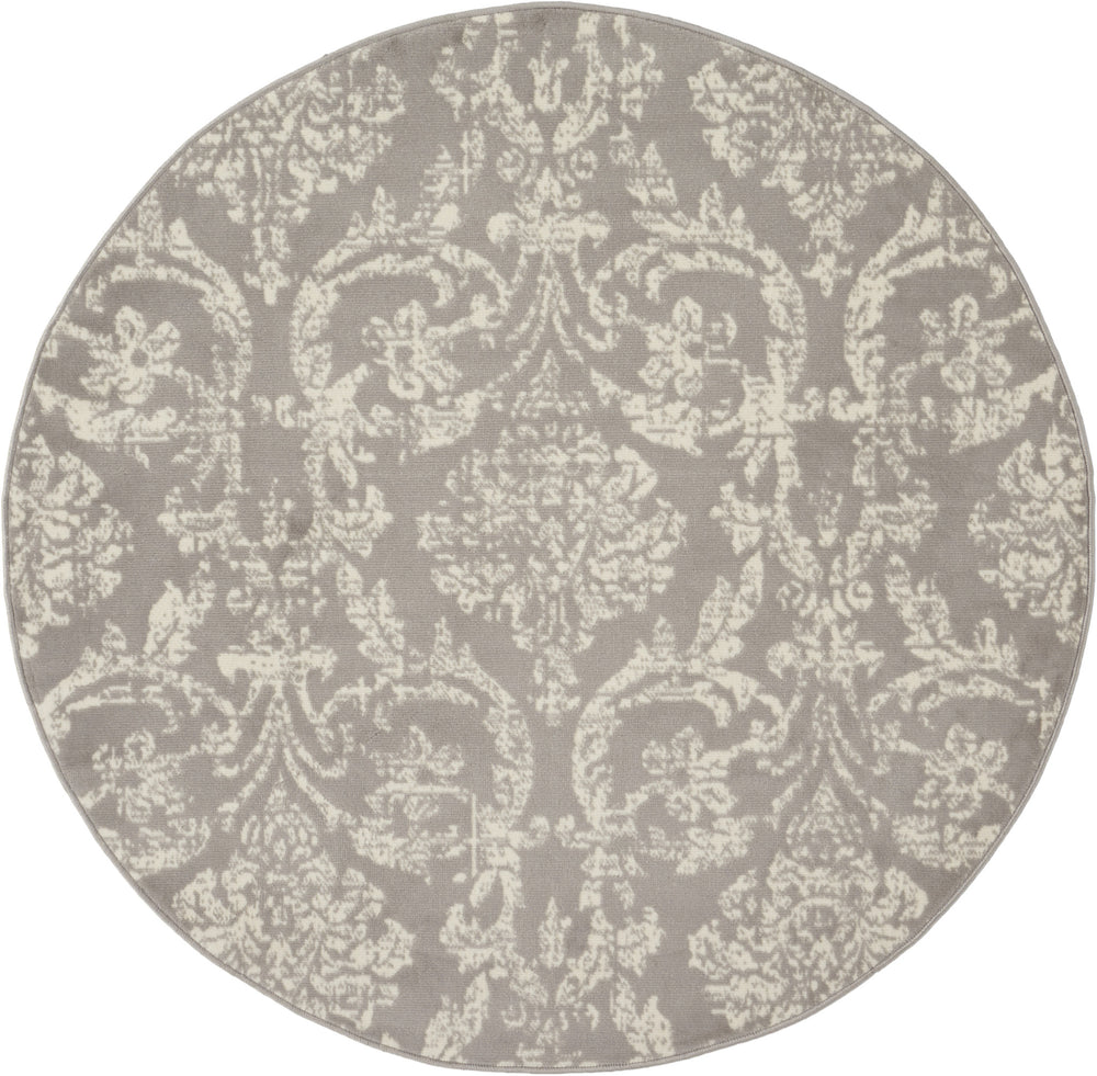Homeroots 5' Gray Round Damask Power Loom Area Rug  Polypropylene 522186