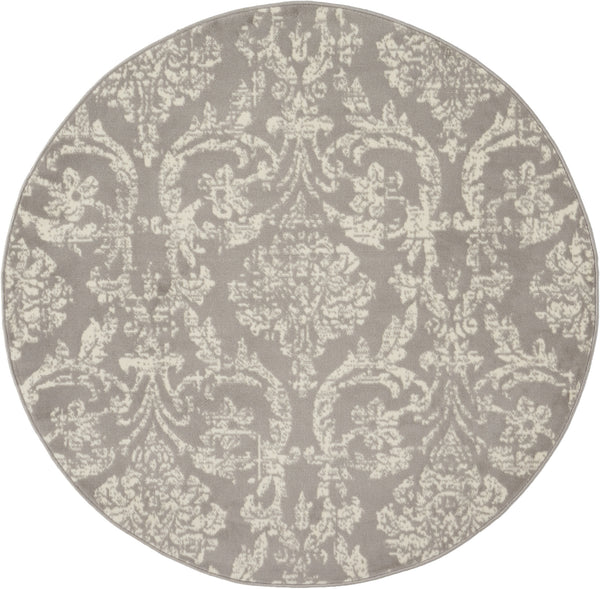 Homeroots 5' Gray Round Damask Power Loom Area Rug  Polypropylene 522186