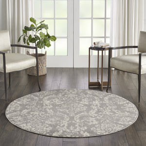 Homeroots 5' Gray Round Damask Power Loom Area Rug  Polypropylene 522186