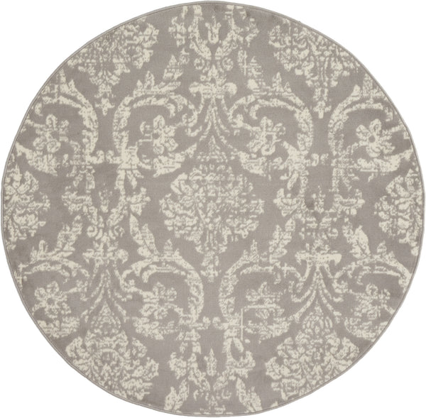 Homeroots 5' Gray Round Damask Power Loom Area Rug  Polypropylene 522186