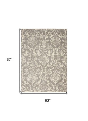 Homeroots 5' X 7' Gray Damask Power Loom Non Skid Area Rug  Polypropylene 522187