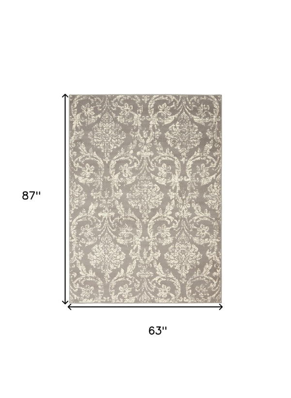 Homeroots 5' X 7' Gray Damask Power Loom Non Skid Area Rug  Polypropylene 522187