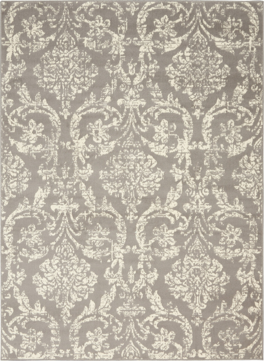 Homeroots 6' X 9' Gray And Ivory Damask Power Loom Distressed Area Rug  Polypropylene 522189