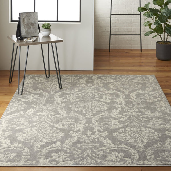 HomeRoots 6' Gray and Ivory Damask Area Rug - Elegant Power Loomed Design with Distressed Vintage Charm 6' X 9' Rectangle 522189