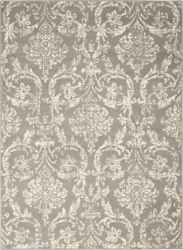 HomeRoots 6' Gray and Ivory Damask Area Rug - Elegant Power Loomed Design with Distressed Vintage Charm 6' X 9' Rectangle 522189