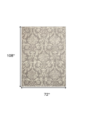Homeroots 6' X 9' Gray And Ivory Damask Power Loom Distressed Area Rug  Polypropylene 522189