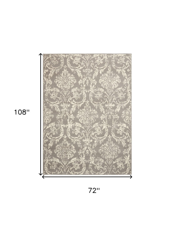 Homeroots 6' X 9' Gray And Ivory Damask Power Loom Distressed Area Rug  Polypropylene 522189