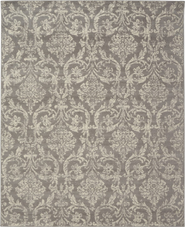 HomeRoots 6' Gray and Ivory Damask Area Rug - Elegant Power Loomed Design with Distressed Vintage Charm 8' X 10' Rectangle 522190