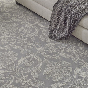 HomeRoots 6' Gray and Ivory Damask Area Rug - Elegant Power Loomed Design with Distressed Vintage Charm 8' X 10' Rectangle 522190