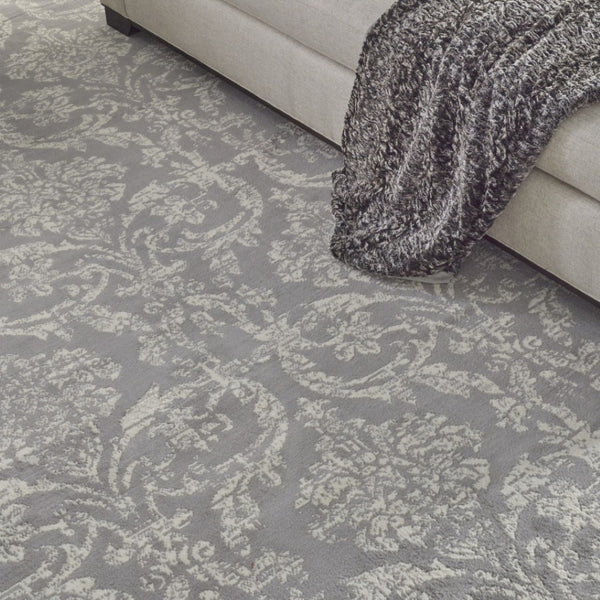 HomeRoots 6' Gray and Ivory Damask Area Rug - Elegant Power Loomed Design with Distressed Vintage Charm 8' X 10' Rectangle 522190