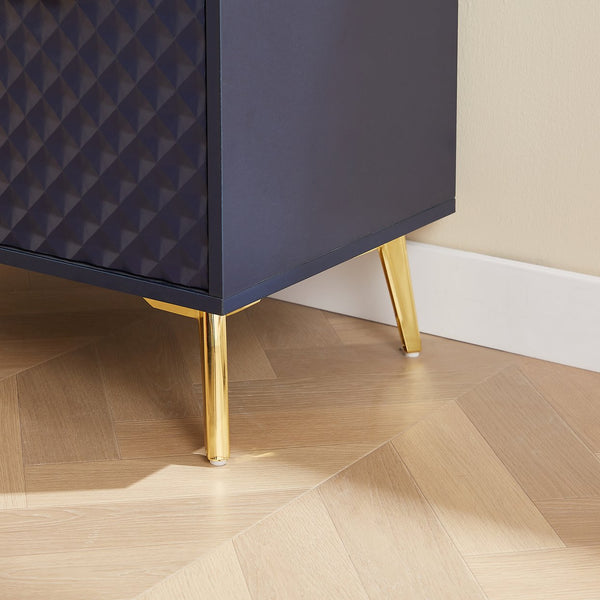 English Elm Deluxe Modern Carved Chest of Drawers with Tempered Glass Doors, 3 Drawers + 2 Compartments, Sleek Metal Legs Dark Blue W1162P295365