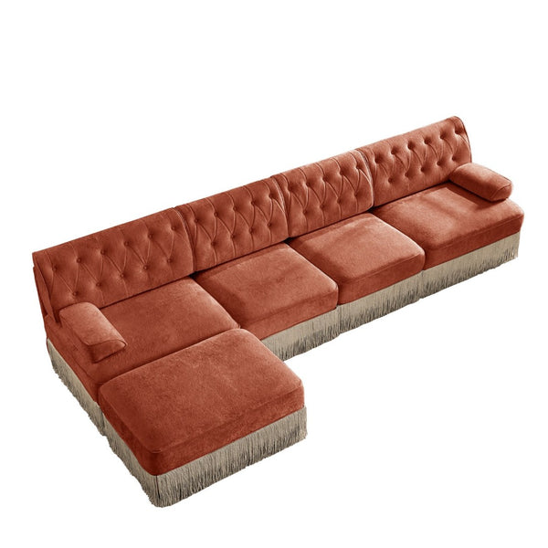 English Elm 135" Chesterfield Velvet Sectional with Tufted Back Tassel Skirt and Modular Living Room Design Red+Brown W714S01726
