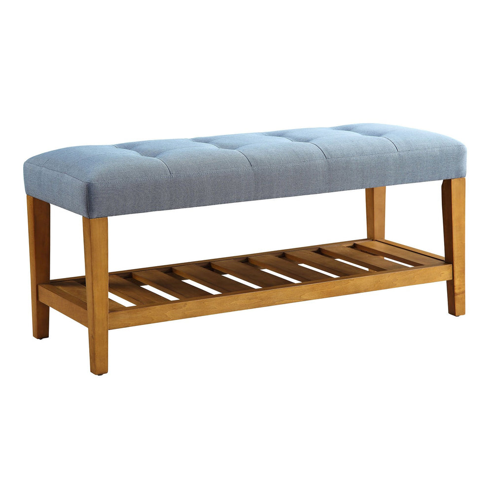 English Elm Light Tufted Padded Seat Bench with Oak Frame and Slatted Shelf — Light Blue Upholstery, Cozy Seating Elegance B062P189179