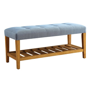 English Elm Light Tufted Padded Seat Bench with Oak Frame and Slatted Shelf — Light Blue Upholstery, Cozy Seating Elegance B062P189179