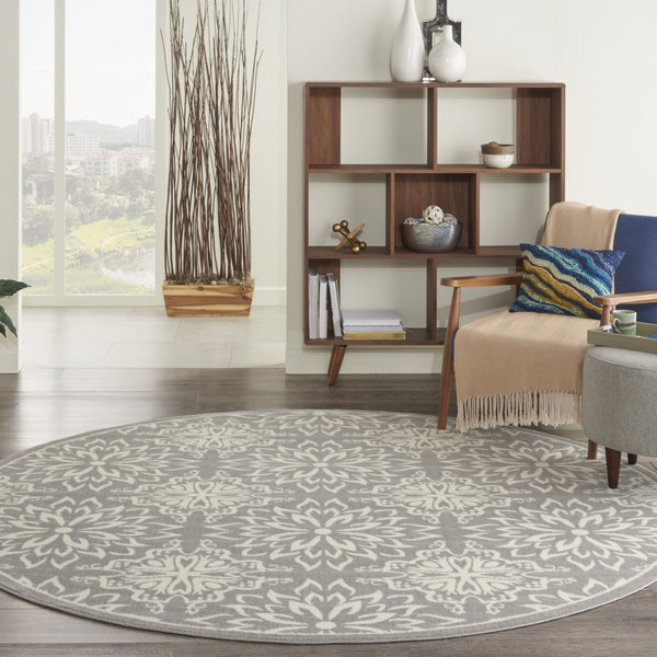 HomeRoots 8' Gray Round Floral Area Rug – Elegant Power Loomed Design for Modern and Traditional Spaces 8' Round Round 522202