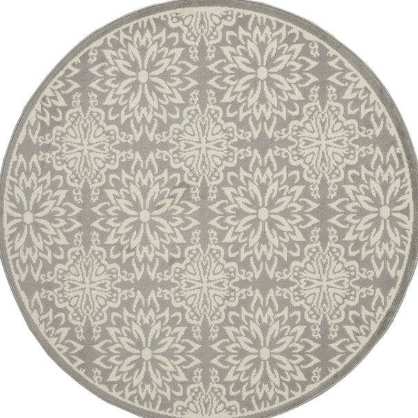 Homeroots 5' Gray Round Floral Power Loom Area Rug  Polypropylene 522206