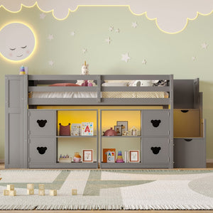 English Elm Twin Kids Low Loft Bed with Stair Drawers Built-in Led Shelving and Bear Handles W697S00040