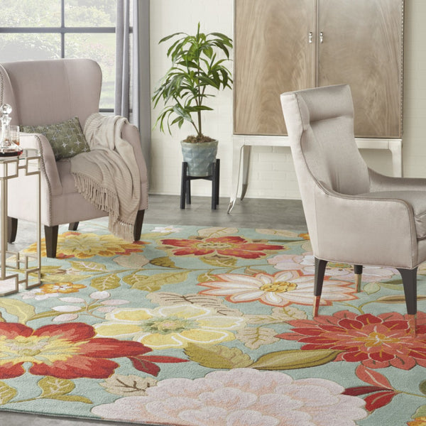 HomeRoots 8' Green Floral Hand Hooked Area Rug - Artisanal Charm, Durable Design & Timeless Style for Any Space 8' X 11' Rectangle 522228