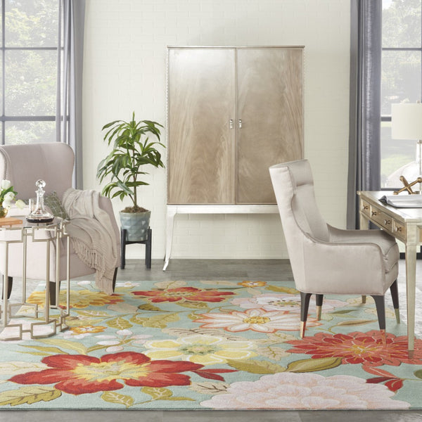 HomeRoots 8' Green Floral Hand Hooked Area Rug - Artisanal Charm, Durable Design & Timeless Style for Any Space 8' X 11' Rectangle 522228