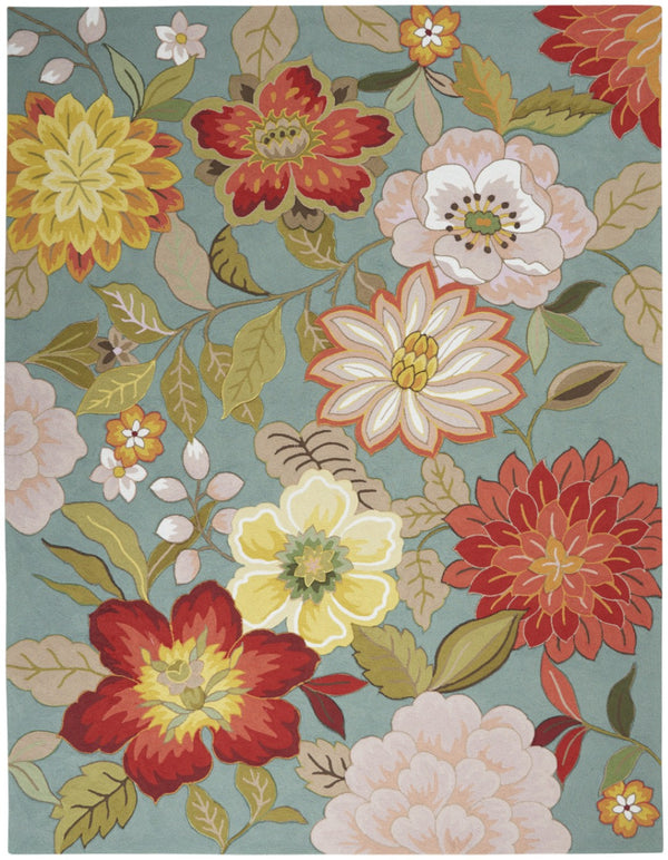 HomeRoots 8' Green Floral Hand Hooked Area Rug - Artisanal Charm, Durable Design & Timeless Style for Any Space 8' X 11' Rectangle 522228