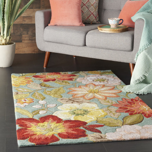 HomeRoots 8' Green Floral Hand Hooked Area Rug - Artisanal Charm, Durable Design & Timeless Style for Any Space 4' X 6' Rectangle 522230