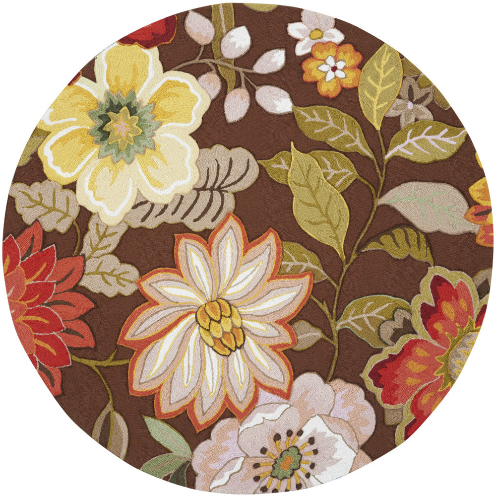 Homeroots 6' Brown Round Floral Hand Hooked Handmade Area Rug  Polypropylene 522232