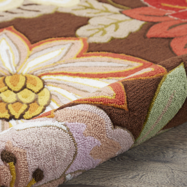 Homeroots 6' Brown Round Floral Hand Hooked Handmade Area Rug  Polypropylene 522232